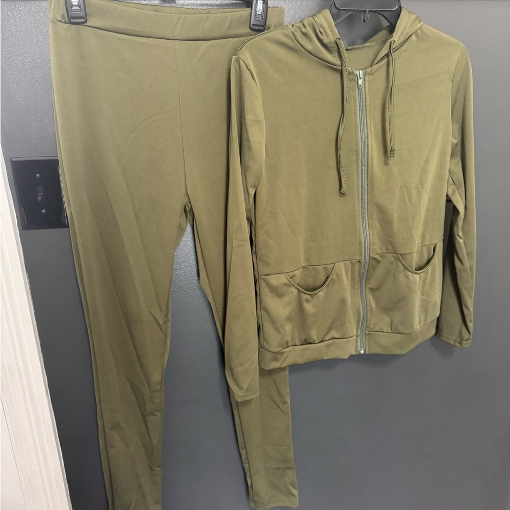 SHEIN Olive Green Track Pants and Hoodie Set